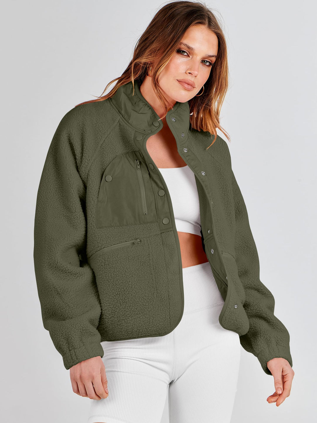 ANRABESS Womens Fuzzy Fleece Jacket Fall Casual Long Sleeve Cropped Sherpa Button Down Shacket Coats Outwear With Pockets