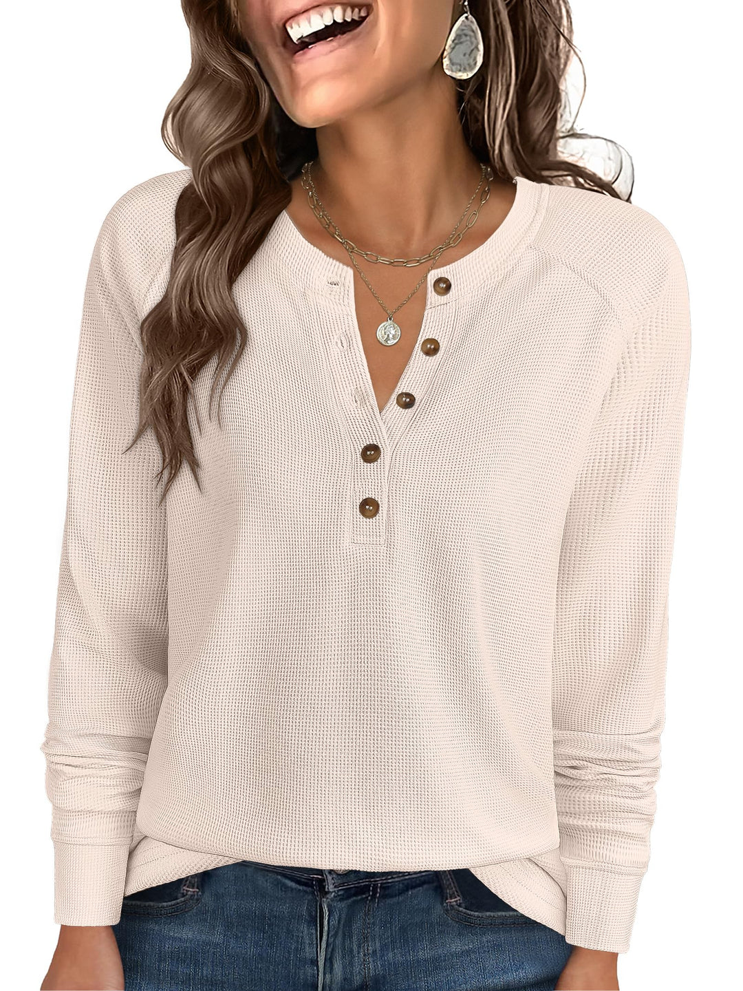 ANRABESS Women's Long Sleeve Waffle Knit Shirts Dressy Casual Loose Button Up V Neck Henley Tops 2025 Fall Basic Tee Blouse