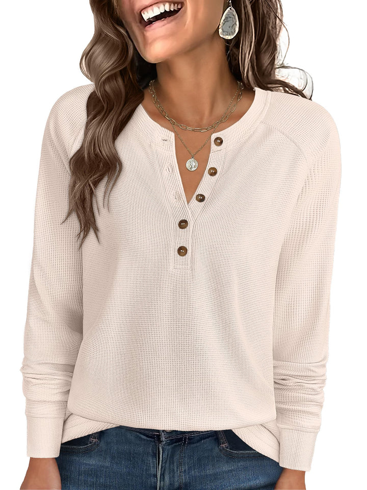 ANRABESS Women's Long Sleeve Waffle Knit Shirts Dressy Casual Loose Button Up V Neck Henley Tops 2025 Fall Basic Tee Blouse