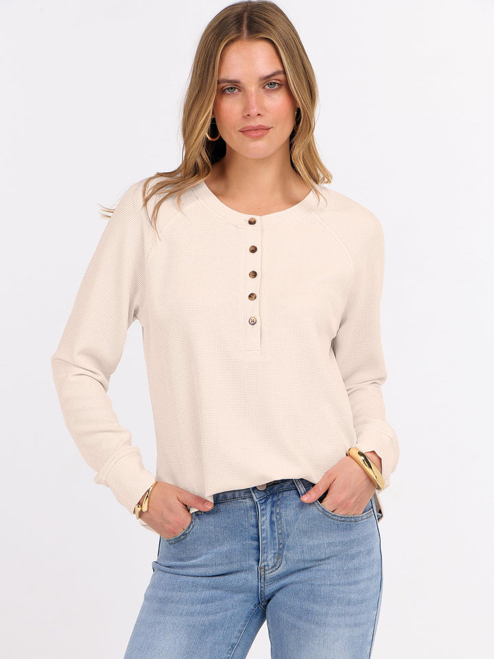 ANRABESS Women's Long Sleeve Waffle Knit Shirts Dressy Casual Loose Button Up V Neck Henley Tops 2025 Fall Basic Tee Blouse