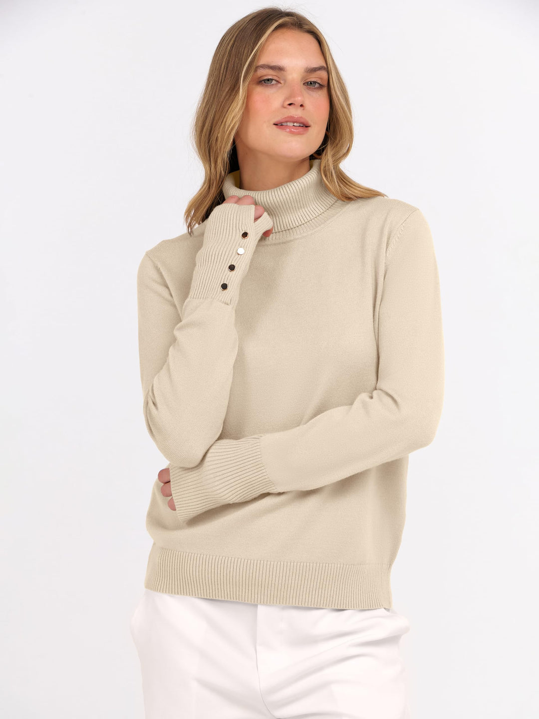 ANRABESS Turtleneck Sweaters for Women 2025 Fall Long Sleeve Dressy Casual Soft Knitted Button Basic Pullover Tops Outfits