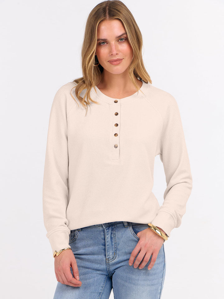 ANRABESS Women's Long Sleeve Waffle Knit Shirts Dressy Casual Loose Button Up V Neck Henley Tops 2025 Fall Basic Tee Blouse