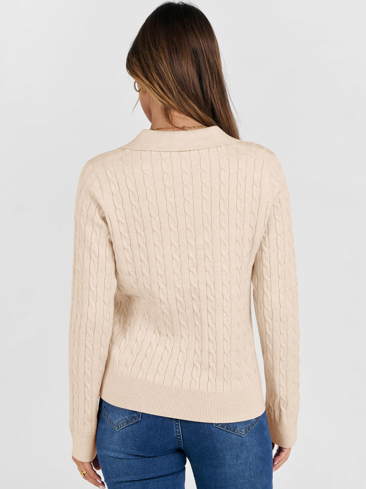ANRABESS Womens Cable Knit Sweaters Long Sleeve V Neck Sweater Tops Casual Pullover Polo Shirts 2025 Fall Fashion Outfits