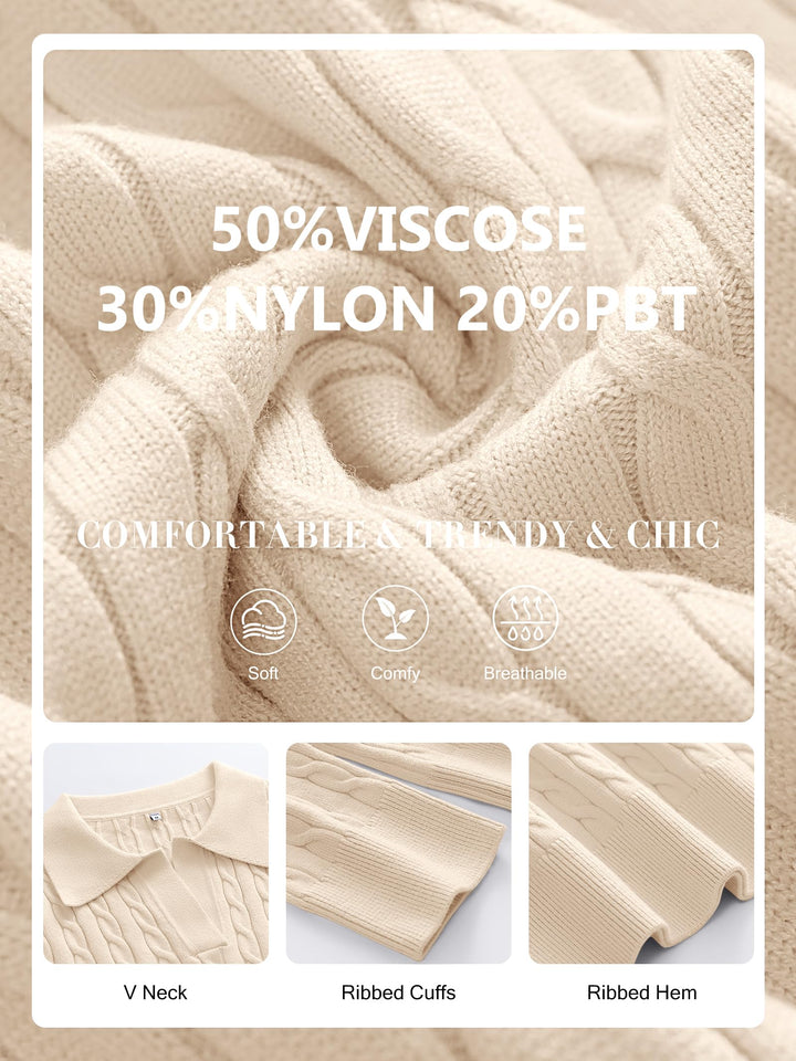 ANRABESS Womens Cable Knit Sweaters Long Sleeve V Neck Sweater Tops Casual Pullover Polo Shirts 2025 Fall Fashion Outfits