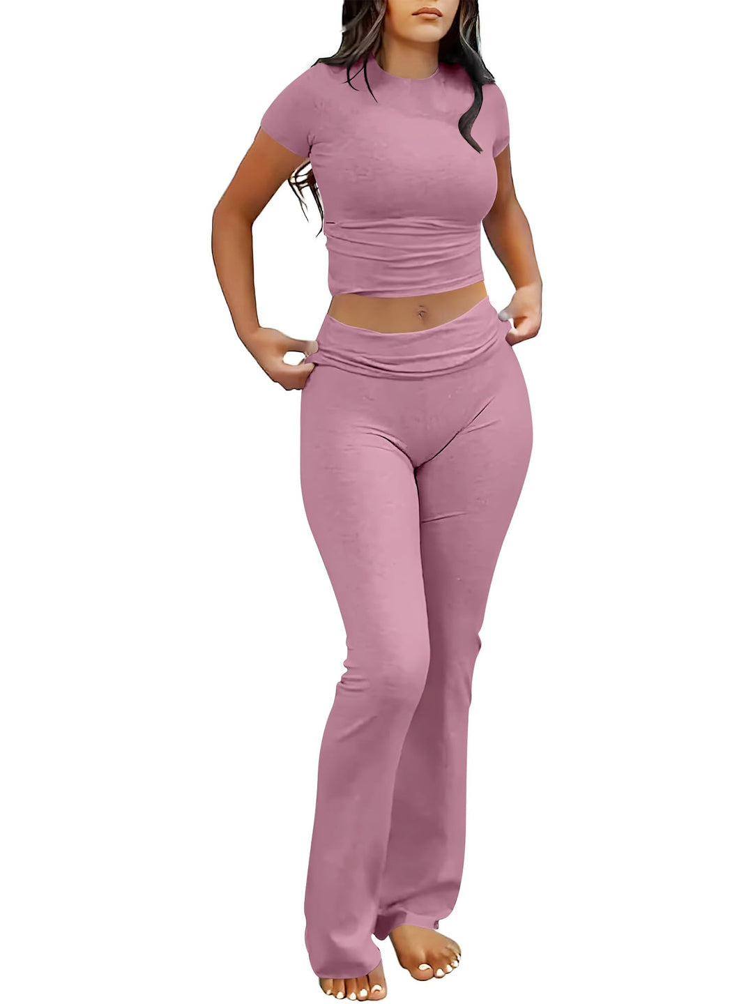 ANRABESS Lounge Sets for Women 2 Piece Foldover Yoga Flare Leggings Pants Crop Tops Casual Y2K Outfits Matching Tracksuit Set