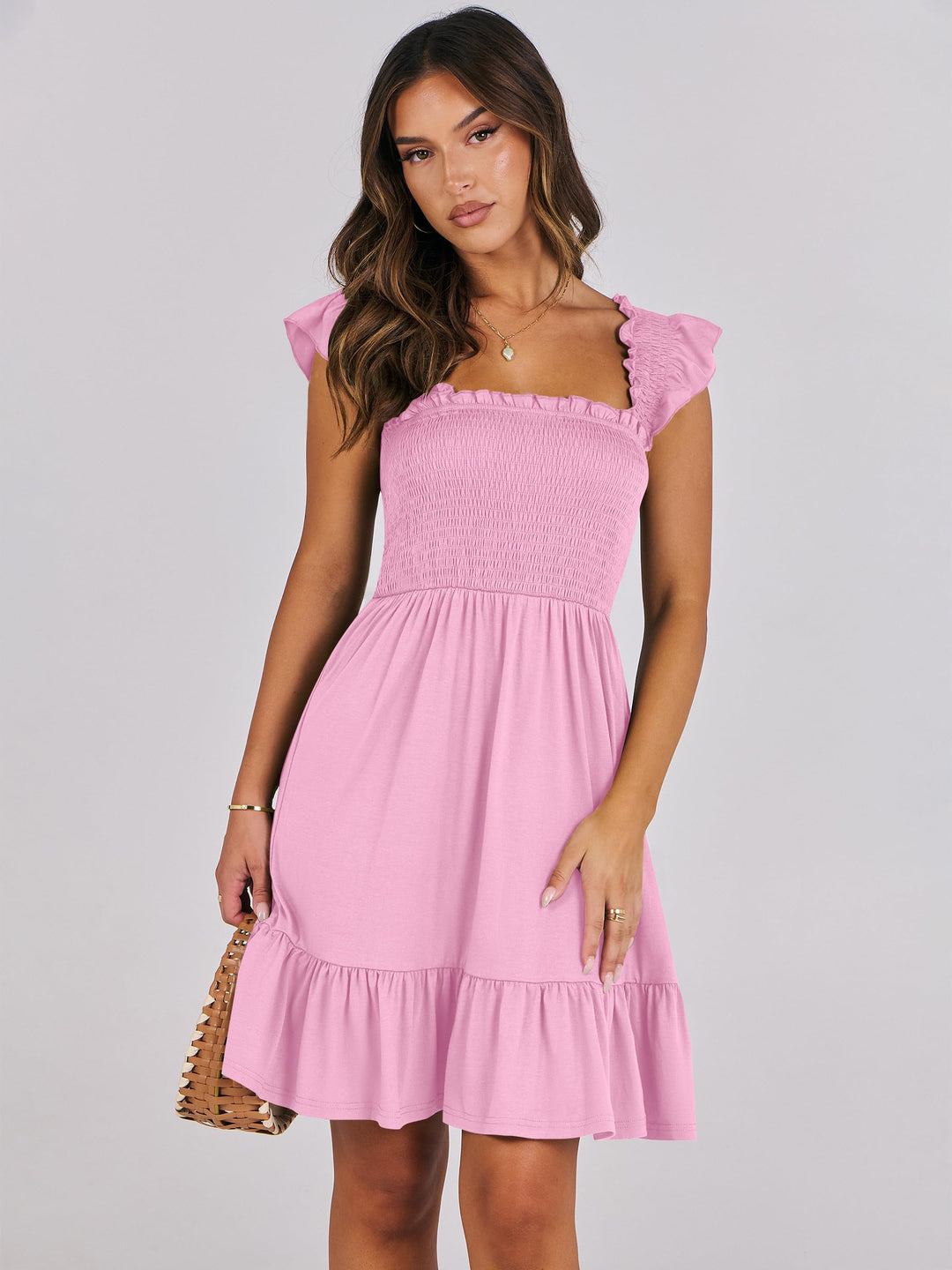 ANRABESS Women's Summer Casual Sleeveless Square Neck Dress 2025 Smocked Ruffle Backless Boho Beach Cute Teen Short Sundress