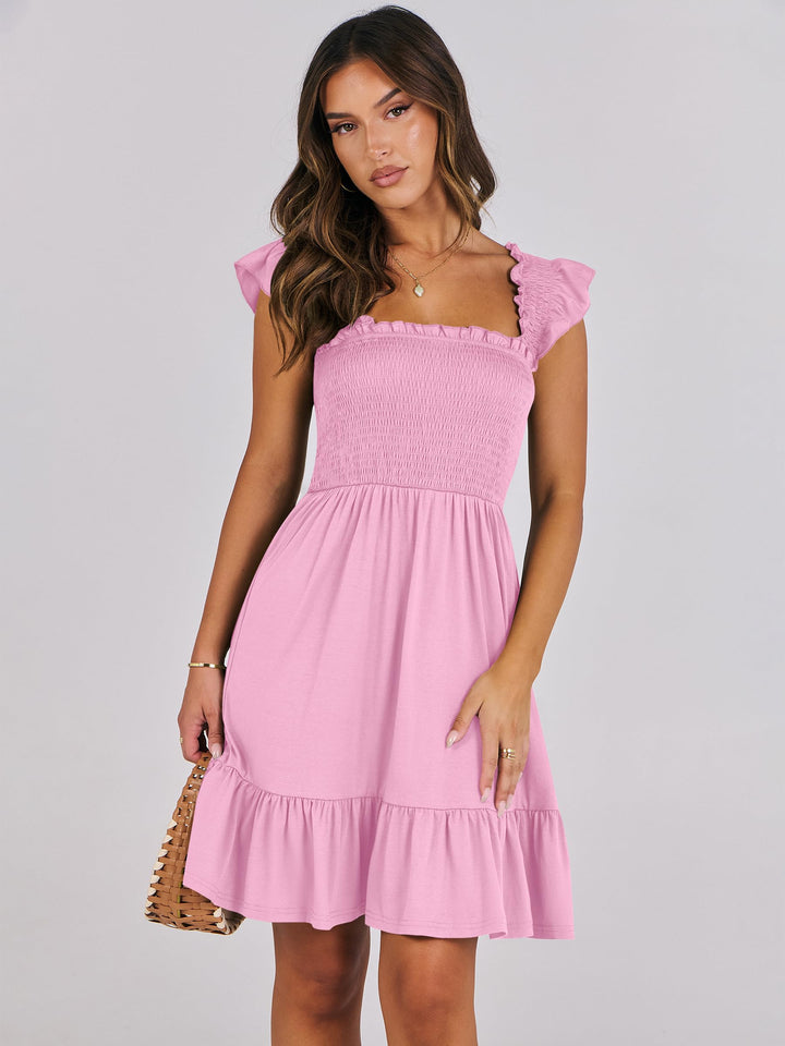 ANRABESS Women's Summer Casual Sleeveless Square Neck Dress 2025 Smocked Ruffle Backless Boho Beach Cute Teen Short Sundress