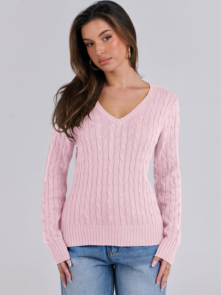 ANRABESS Womens Long Sleeve Cable Knit Sweater 2025 Fall Fashion V Neck Fitted Pullover Top Business Casual Work Fall Outfits