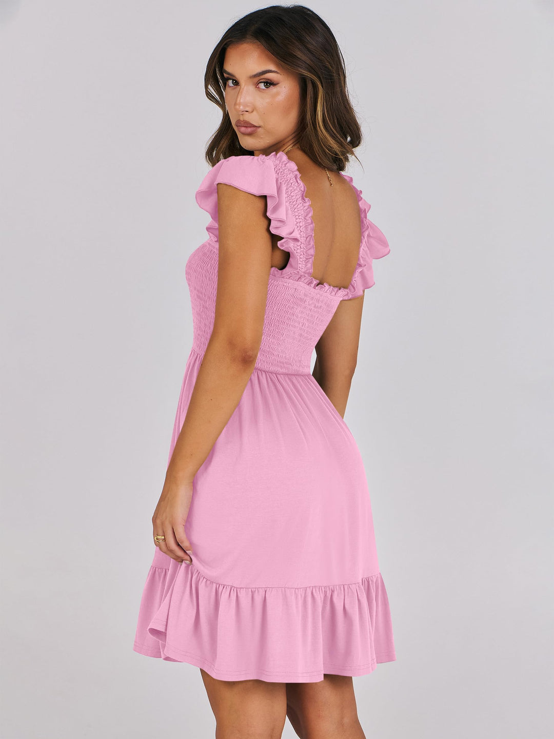 ANRABESS Women's Summer Casual Sleeveless Square Neck Dress 2025 Smocked Ruffle Backless Boho Beach Cute Teen Short Sundress