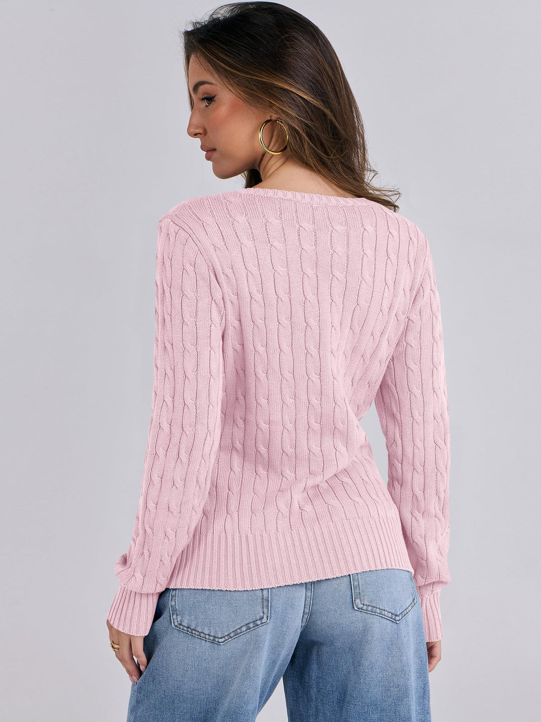 ANRABESS Womens Long Sleeve Cable Knit Sweater 2025 Fall Fashion V Neck Fitted Pullover Top Business Casual Work Fall Outfits