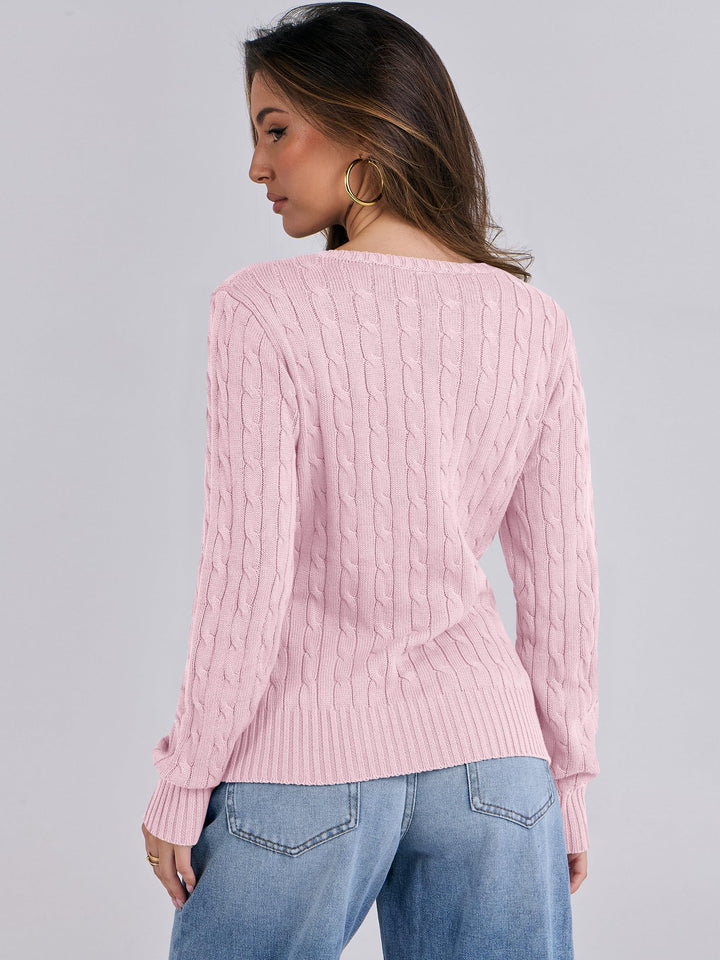 ANRABESS Womens Long Sleeve Cable Knit Sweater 2025 Fall Fashion V Neck Fitted Pullover Top Business Casual Work Fall Outfits