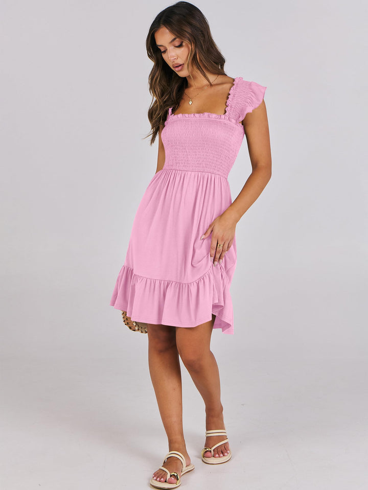 ANRABESS Women's Summer Casual Sleeveless Square Neck Dress 2025 Smocked Ruffle Backless Boho Beach Cute Teen Short Sundress
