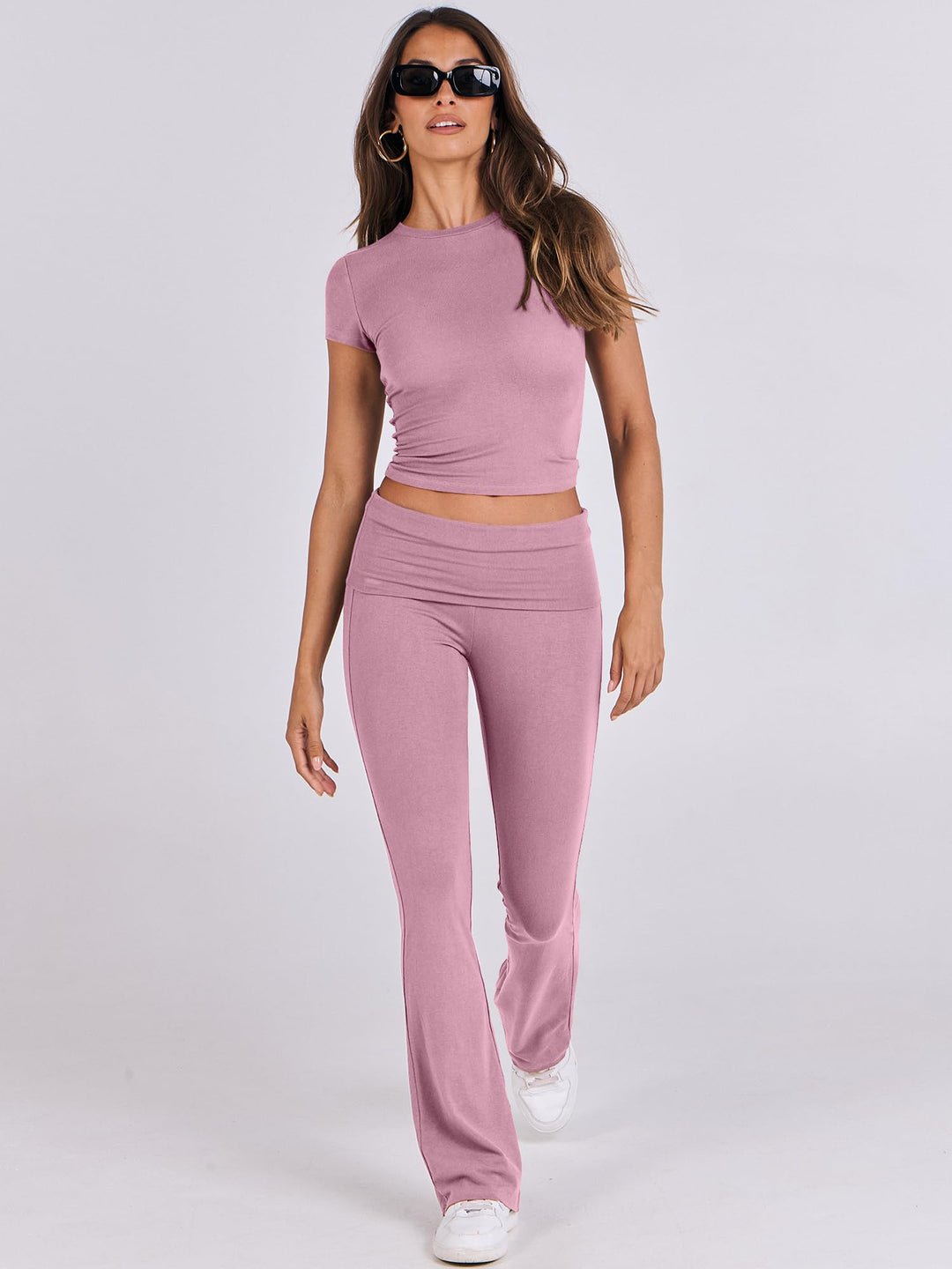 ANRABESS Lounge Sets for Women 2 Piece Foldover Yoga Flare Leggings Pants Crop Tops Casual Y2K Outfits Matching Tracksuit Set