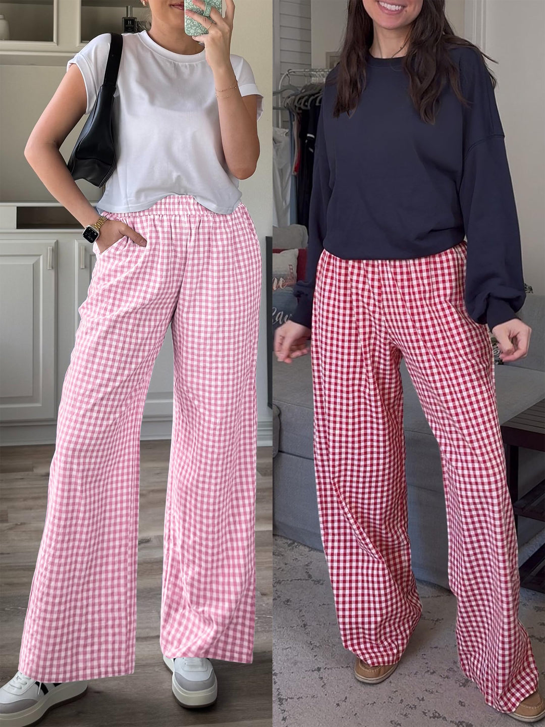 ANRABESS Womens Striped Gingham Palazzo Pants Wide Leg High Waisted Lounge Pajama Pants Cute Casual Trousers with Pockets