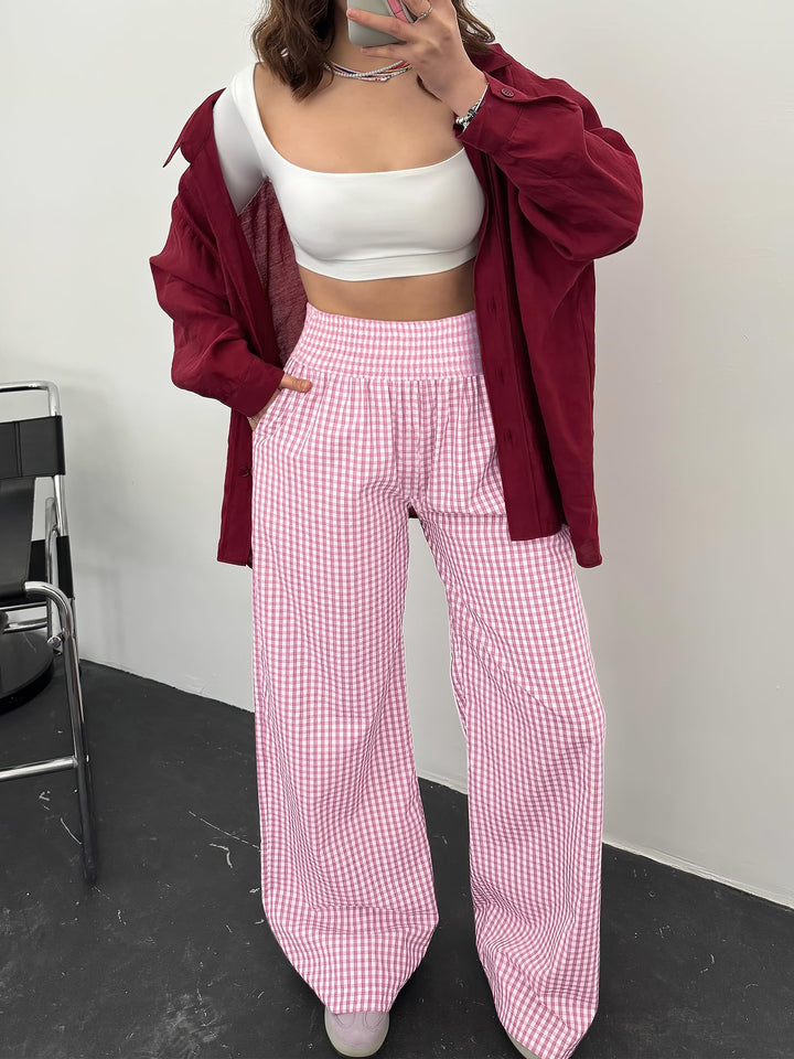 ANRABESS Womens Striped Gingham Palazzo Pants Wide Leg High Waisted Lounge Pajama Pants Cute Casual Trousers with Pockets