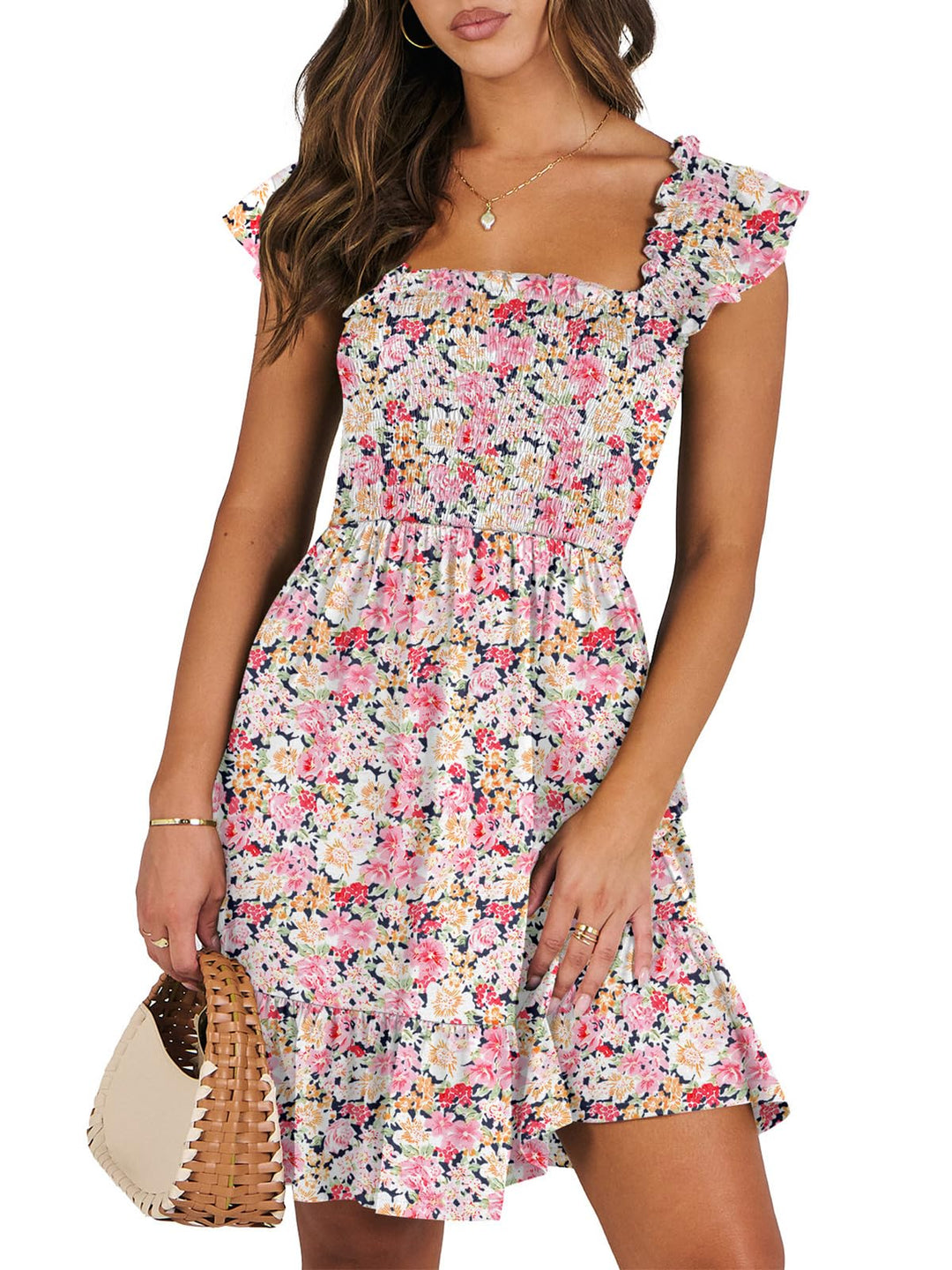 ANRABESS Women's Summer Casual Sleeveless Square Neck Dress 2025 Smocked Ruffle Backless Boho Beach Cute Teen Short Sundress