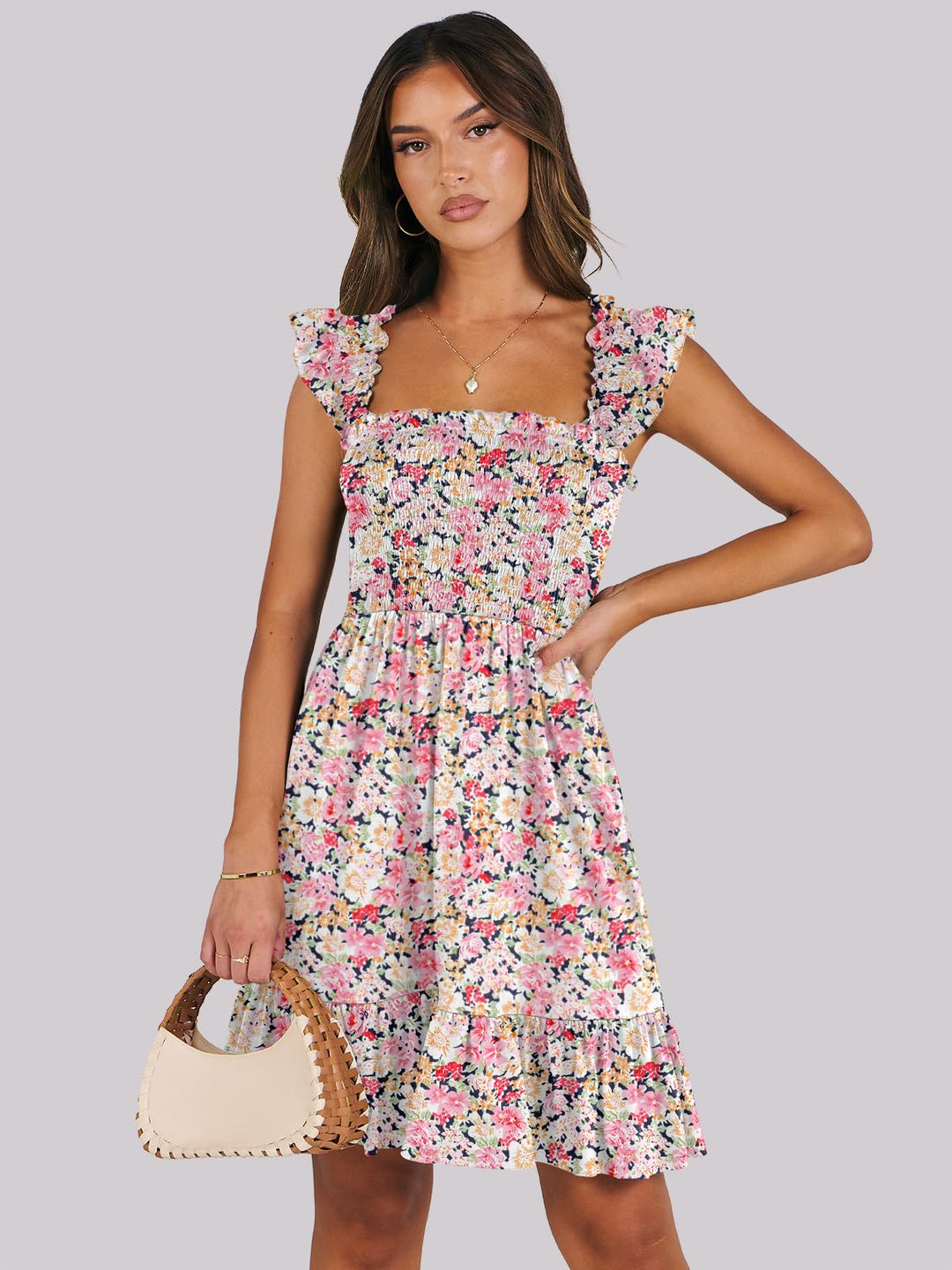 ANRABESS Women's Summer Casual Sleeveless Square Neck Dress 2025 Smocked Ruffle Backless Boho Beach Cute Teen Short Sundress