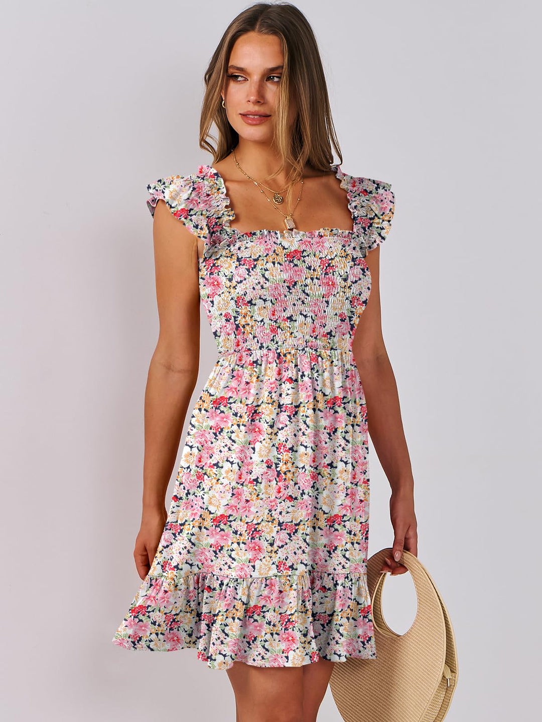 ANRABESS Women's Summer Casual Sleeveless Square Neck Dress 2025 Smocked Ruffle Backless Boho Beach Cute Teen Short Sundress