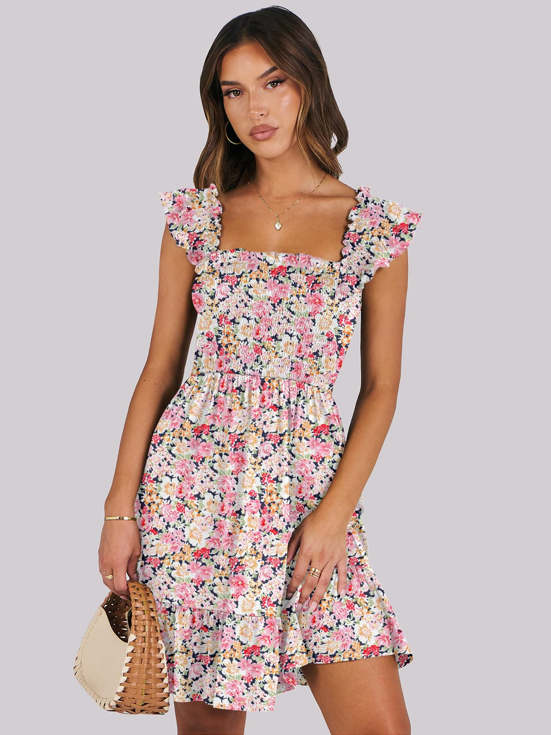 ANRABESS Women's Summer Casual Sleeveless Square Neck Dress 2025 Smocked Ruffle Backless Boho Beach Cute Teen Short Sundress