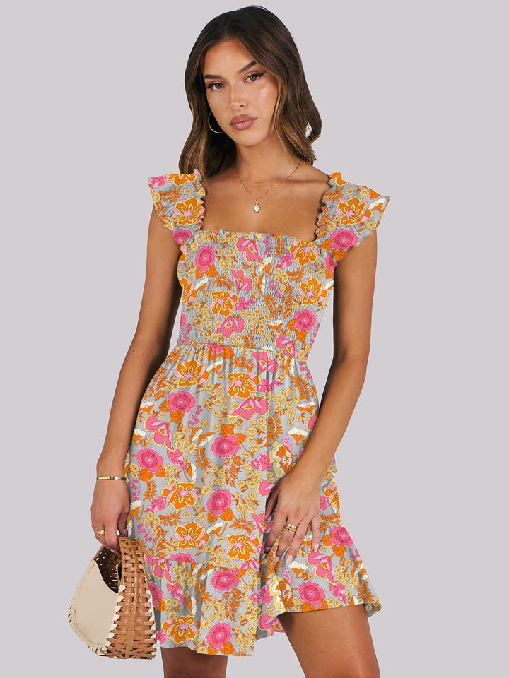 ANRABESS Women's Summer Casual Sleeveless Square Neck Dress 2025 Smocked Ruffle Backless Boho Beach Cute Teen Short Sundress