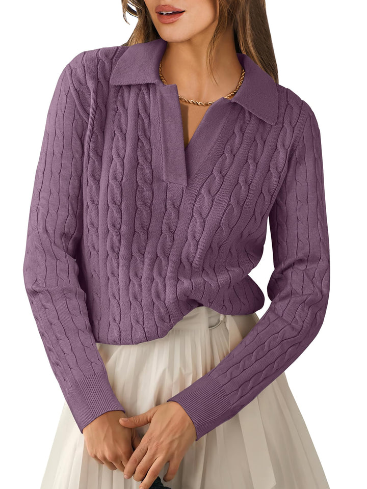 ANRABESS Womens Cable Knit Sweaters Long Sleeve V Neck Sweater Tops Casual Pullover Polo Shirts 2025 Fall Fashion Outfits