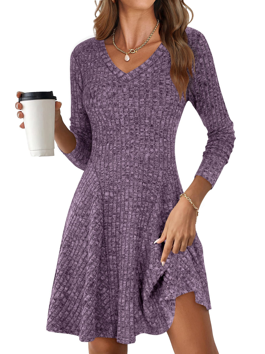 ANRABESS Women Long Sleeve Ribbed Knit Short Dresses 2025 Fall Winter V Neck Casual Swing A Line Sweater Dress