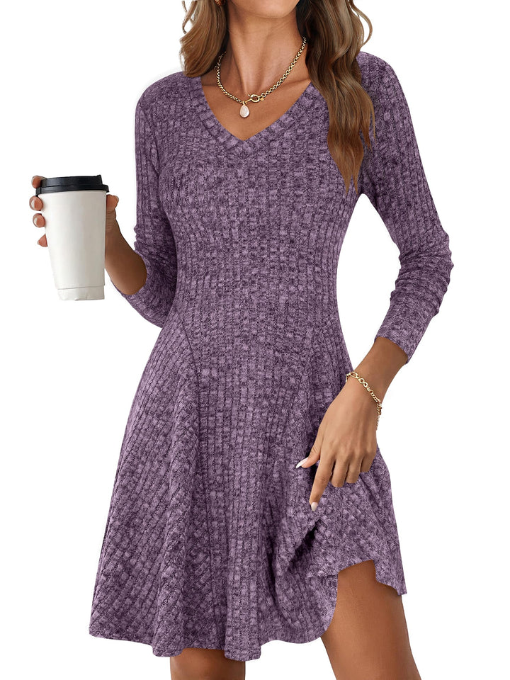 ANRABESS Women Long Sleeve Ribbed Knit Short Dresses 2025 Fall Winter V Neck Casual Swing A Line Sweater Dress