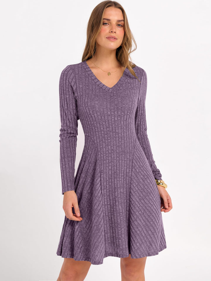 ANRABESS Women Long Sleeve Ribbed Knit Short Dresses 2025 Fall Winter V Neck Casual Swing A Line Sweater Dress