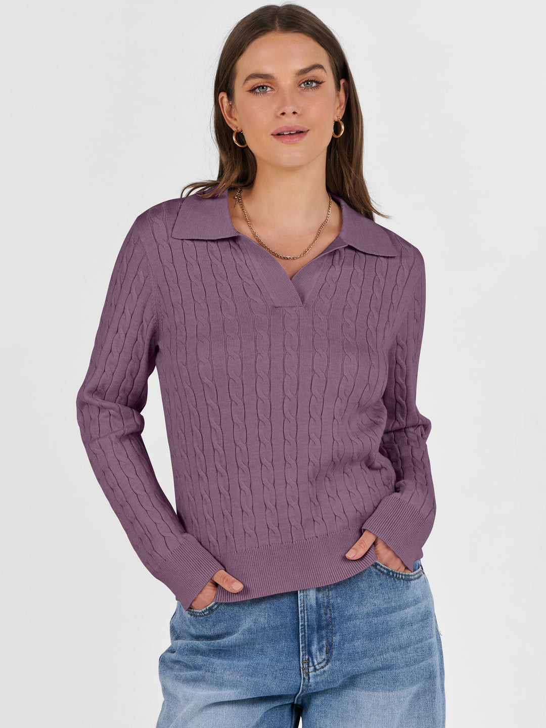 ANRABESS Womens Cable Knit Sweaters Long Sleeve V Neck Sweater Tops Casual Pullover Polo Shirts 2025 Fall Fashion Outfits