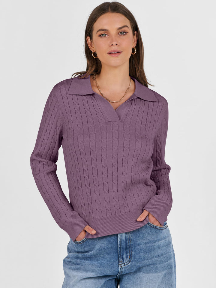 ANRABESS Womens Cable Knit Sweaters Long Sleeve V Neck Sweater Tops Casual Pullover Polo Shirts 2025 Fall Fashion Outfits