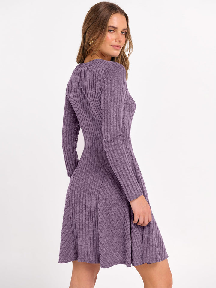 ANRABESS Women Long Sleeve Ribbed Knit Short Dresses 2025 Fall Winter V Neck Casual Swing A Line Sweater Dress