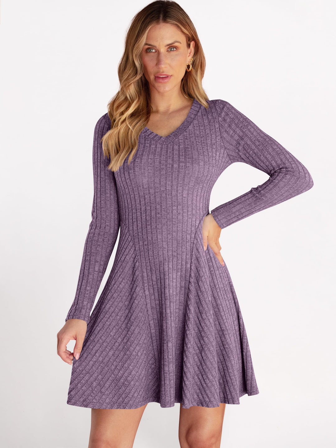 ANRABESS Women Long Sleeve Ribbed Knit Short Dresses 2025 Fall Winter V Neck Casual Swing A Line Sweater Dress