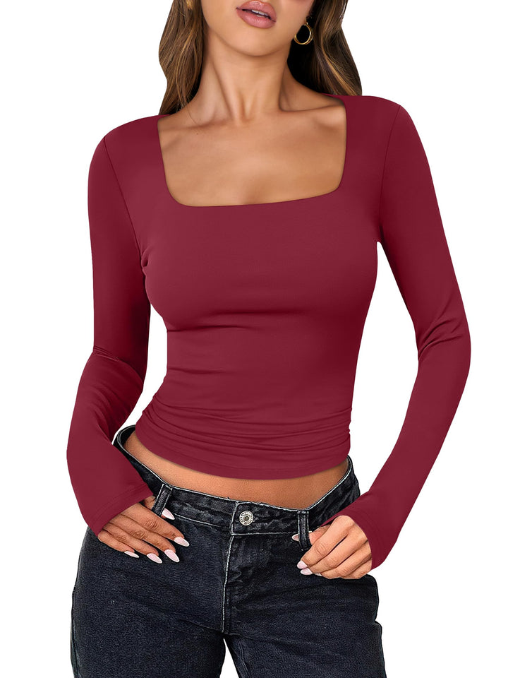 ANRABESS Women Long Sleeve Shirts Crop Tops Double Lined Square Neck Tight Fitted Going Out Basic Tee 2025 Y2K Fall Outifis