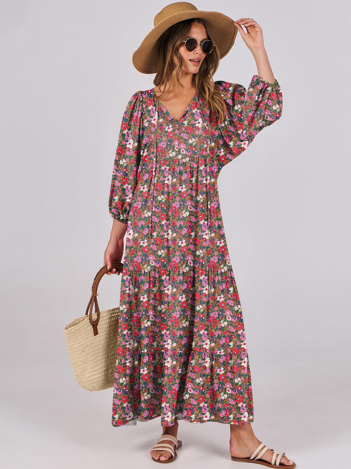 ANRABESS Womens Boho Maxi Dresses 2025 Summer V Neck Puff Sleeve Floral Flowy Swing Fall Casual Long Dress
