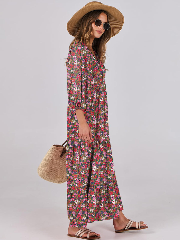 ANRABESS Womens Boho Maxi Dresses 2025 Summer V Neck Puff Sleeve Floral Flowy Swing Fall Casual Long Dress