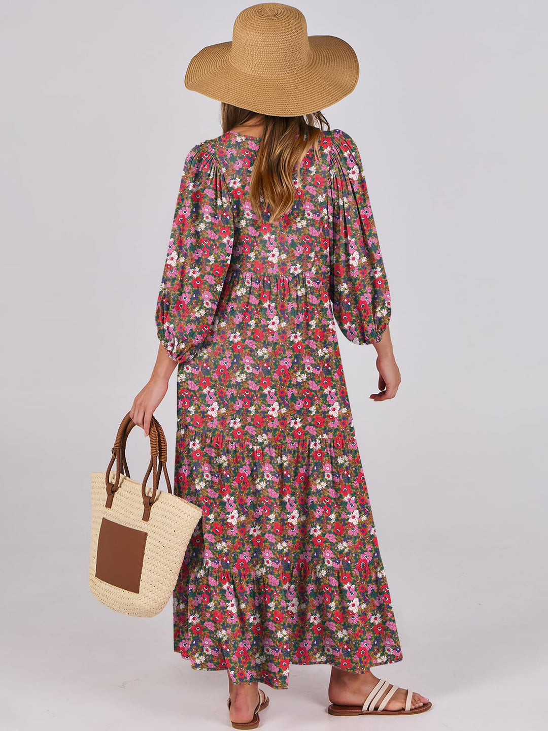 ANRABESS Womens Boho Maxi Dresses 2025 Summer V Neck Puff Sleeve Floral Flowy Swing Fall Casual Long Dress