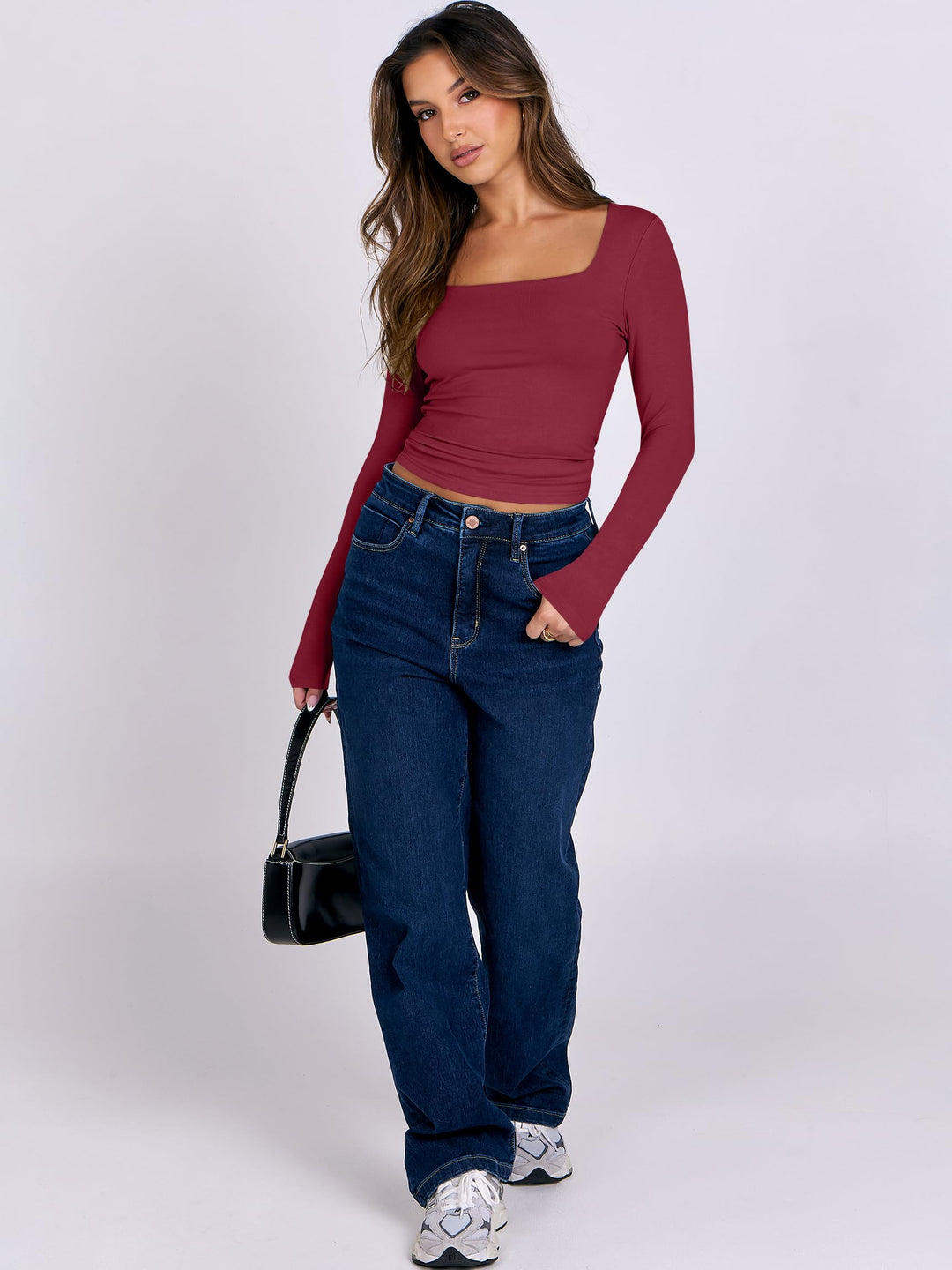 ANRABESS Women Long Sleeve Shirts Crop Tops Double Lined Square Neck Tight Fitted Going Out Basic Tee 2025 Y2K Fall Outifis
