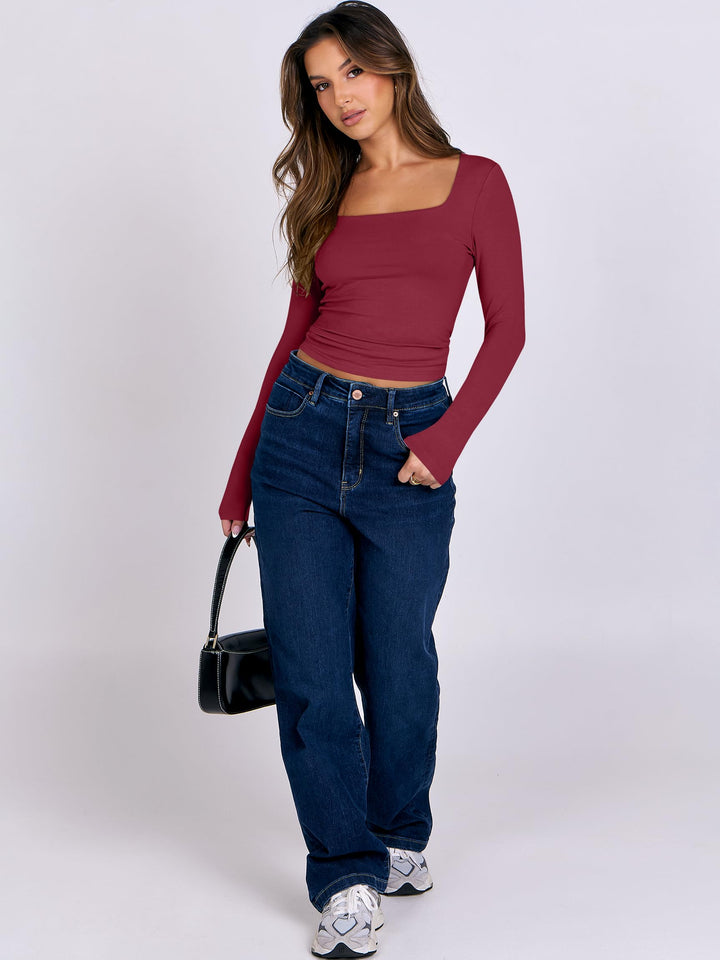 ANRABESS Women Long Sleeve Shirts Crop Tops Double Lined Square Neck Tight Fitted Going Out Basic Tee 2025 Y2K Fall Outifis