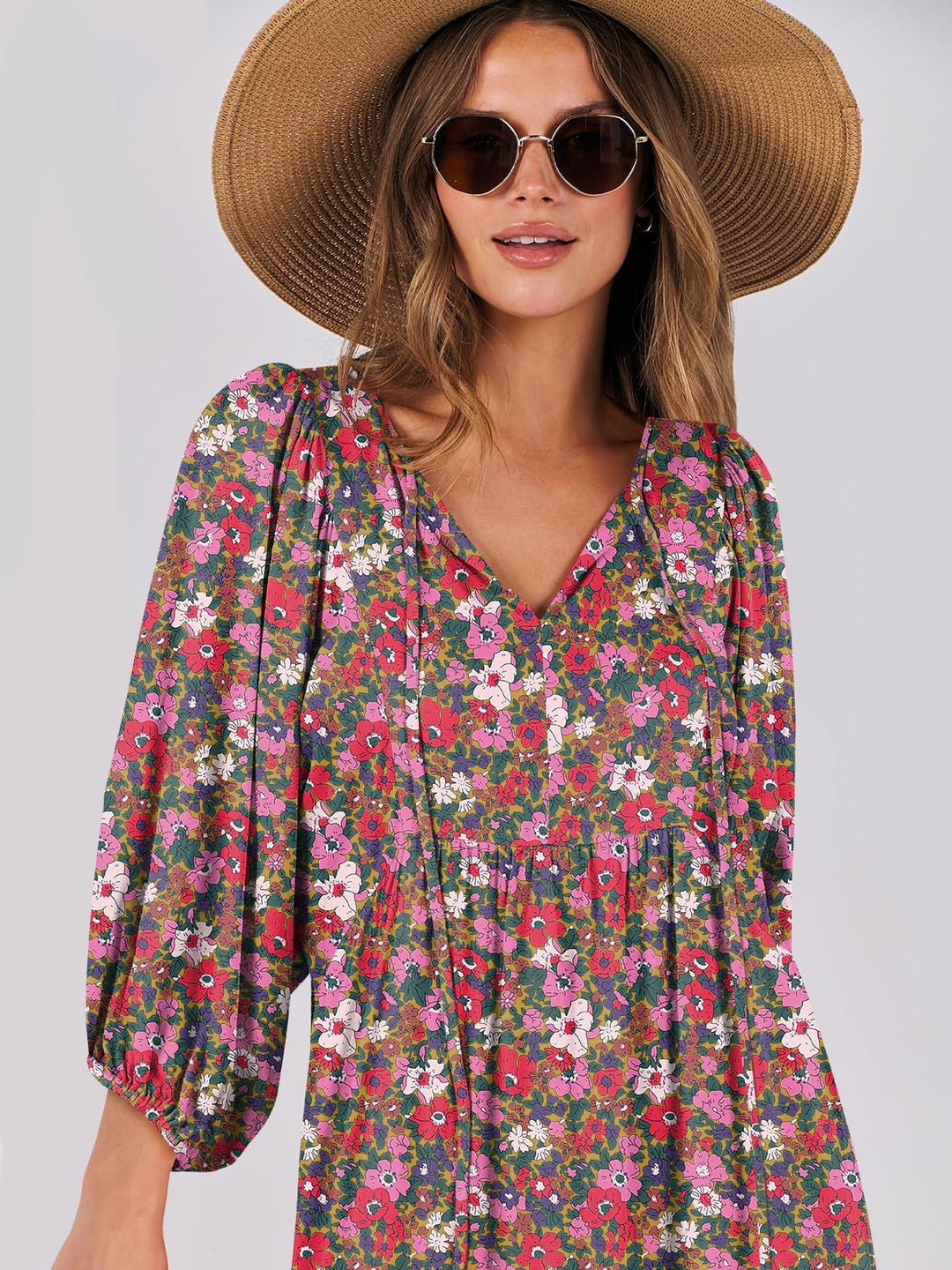 ANRABESS Womens Boho Maxi Dresses 2025 Summer V Neck Puff Sleeve Floral Flowy Swing Fall Casual Long Dress