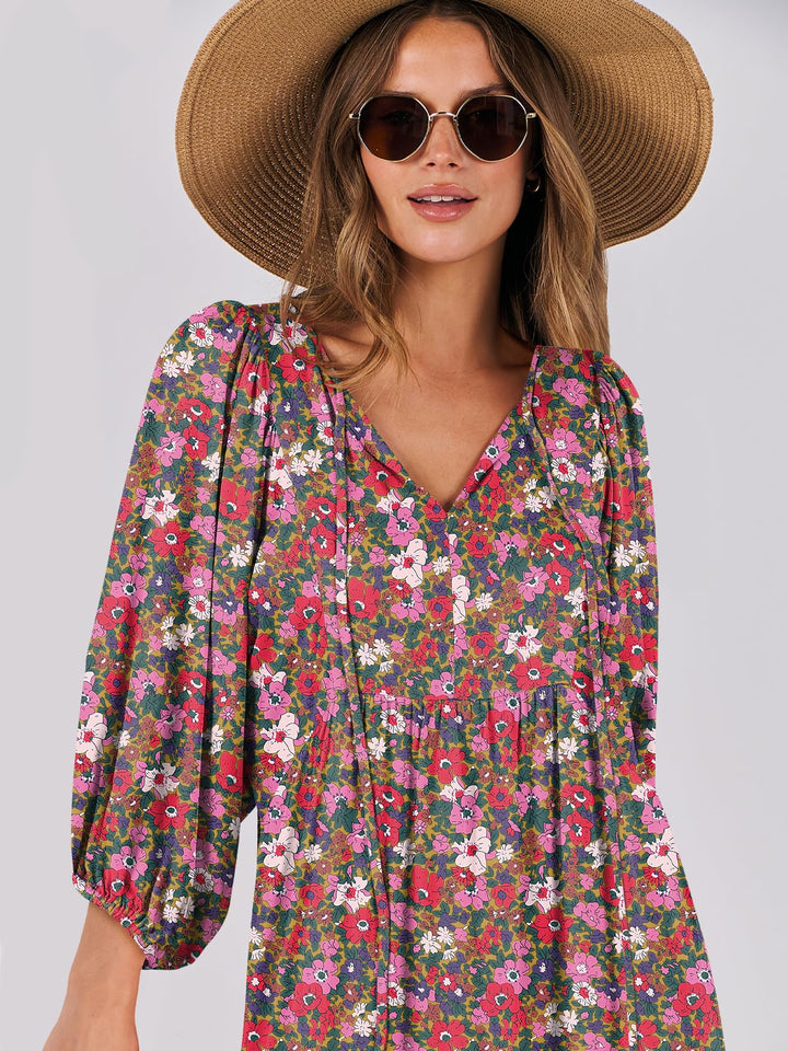 ANRABESS Womens Boho Maxi Dresses 2025 Summer V Neck Puff Sleeve Floral Flowy Swing Fall Casual Long Dress