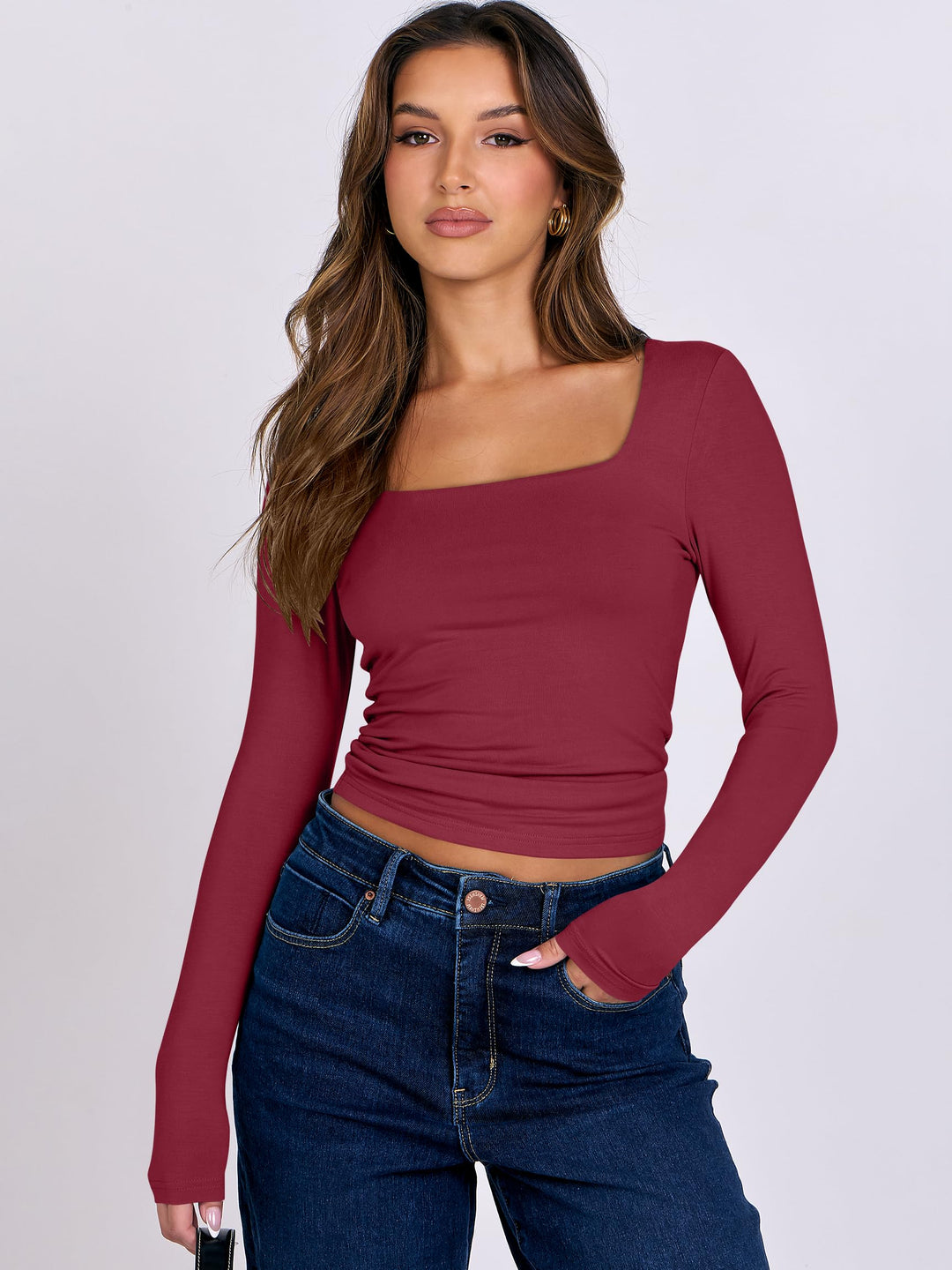 ANRABESS Women Long Sleeve Shirts Crop Tops Double Lined Square Neck Tight Fitted Going Out Basic Tee 2025 Y2K Fall Outifis