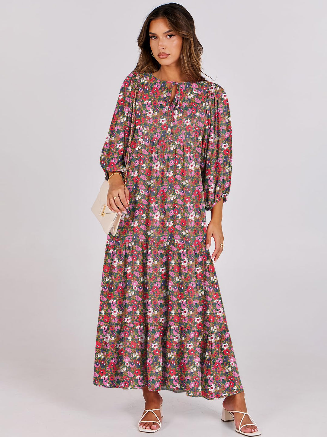 ANRABESS Womens Boho Maxi Dresses 2025 Summer V Neck Puff Sleeve Floral Flowy Swing Fall Casual Long Dress
