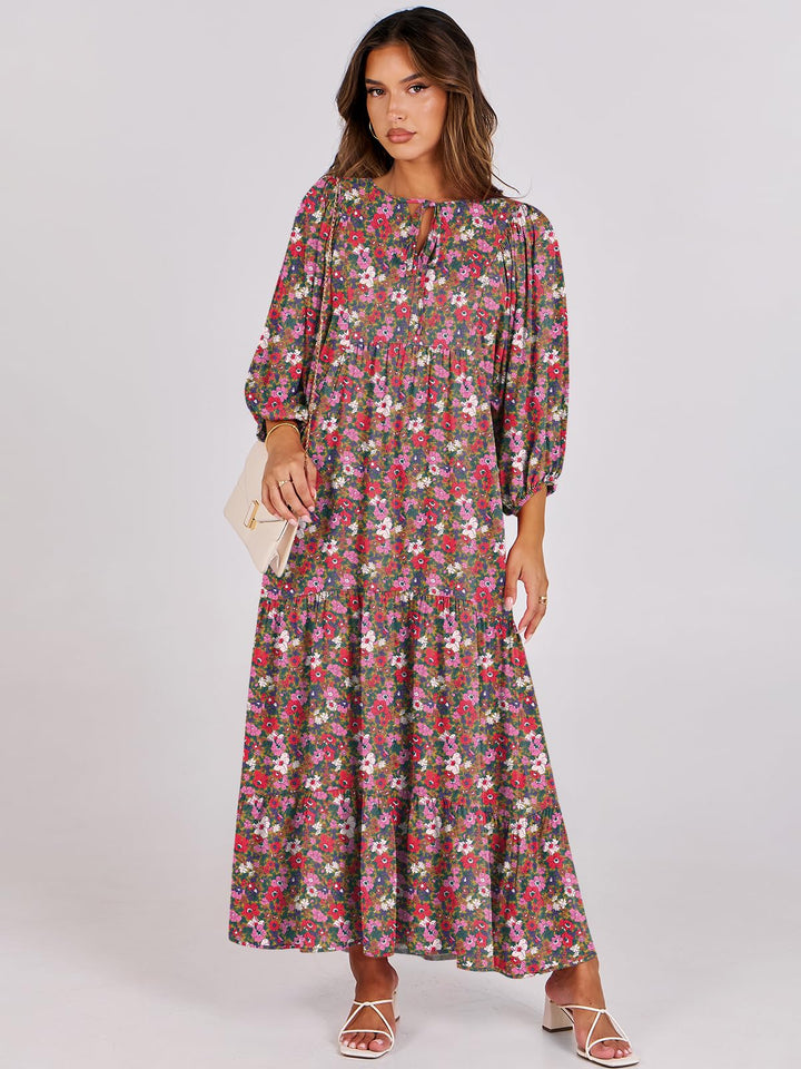 ANRABESS Womens Boho Maxi Dresses 2025 Summer V Neck Puff Sleeve Floral Flowy Swing Fall Casual Long Dress