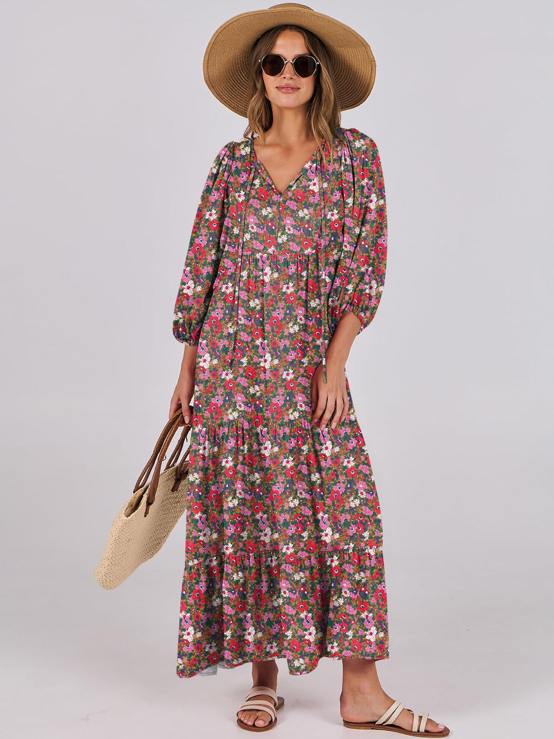 ANRABESS Womens Boho Maxi Dresses 2025 Summer V Neck Puff Sleeve Floral Flowy Swing Fall Casual Long Dress