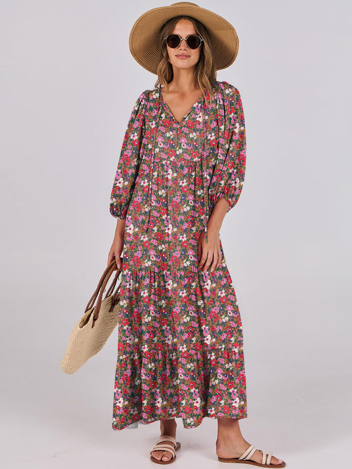 ANRABESS Womens Boho Maxi Dresses 2025 Summer V Neck Puff Sleeve Floral Flowy Swing Fall Casual Long Dress