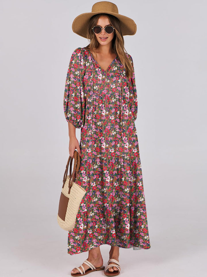 ANRABESS Womens Boho Maxi Dresses 2025 Summer V Neck Puff Sleeve Floral Flowy Swing Fall Casual Long Dress