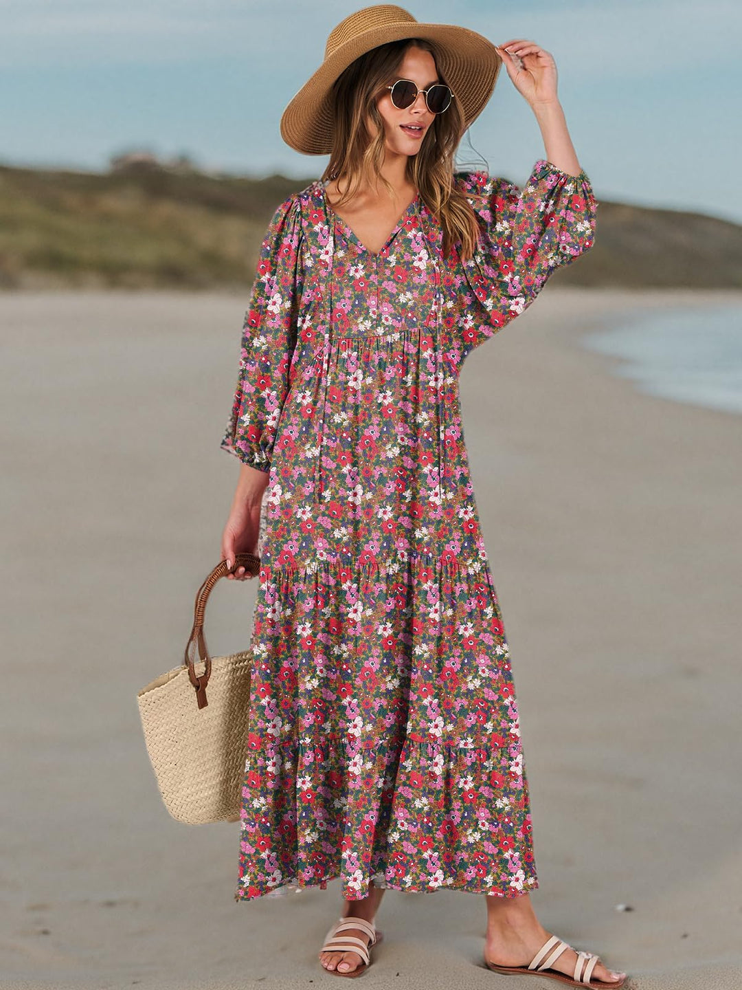 ANRABESS Womens Boho Maxi Dresses 2025 Summer V Neck Puff Sleeve Floral Flowy Swing Fall Casual Long Dress