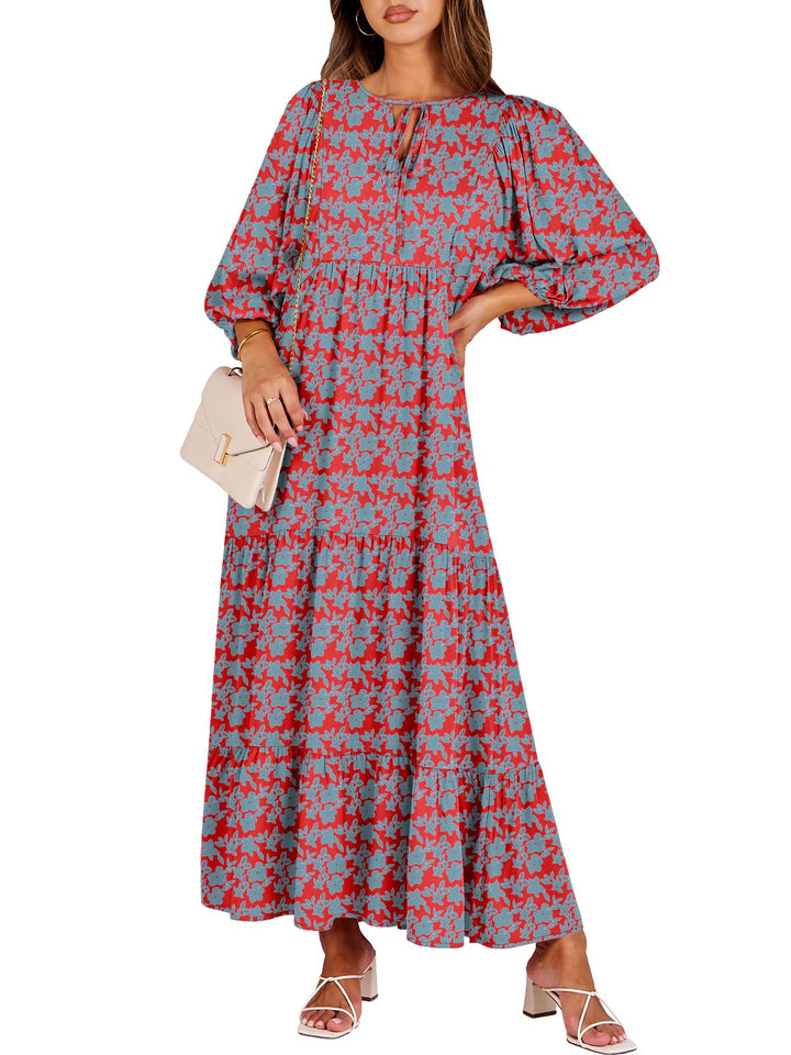 ANRABESS Womens Boho Maxi Dresses 2025 Summer V Neck Puff Sleeve Floral Flowy Swing Fall Casual Long Dress