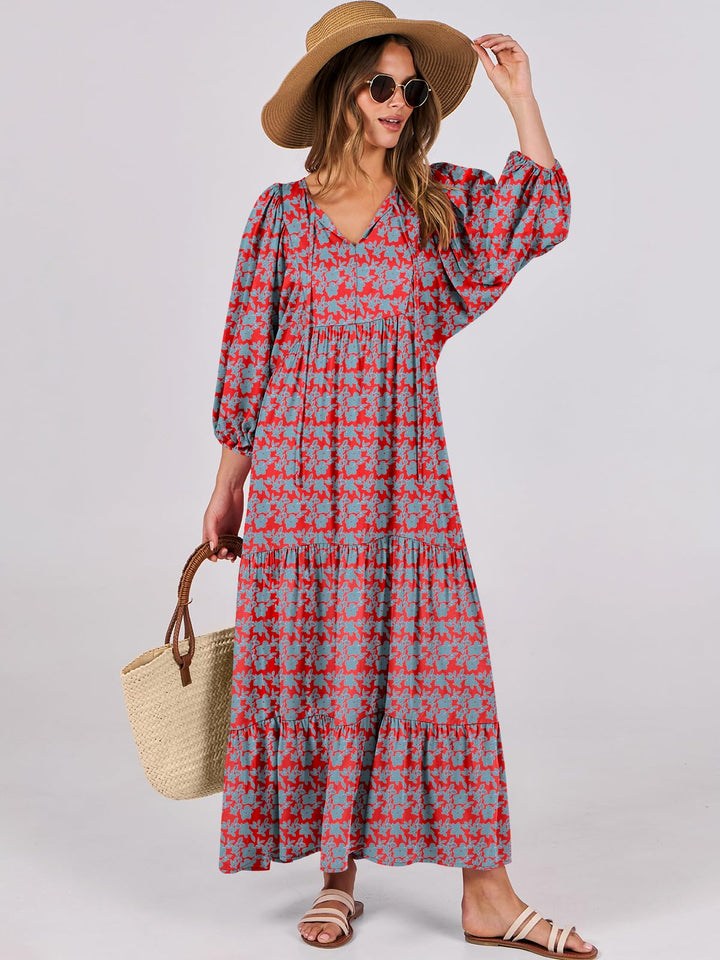 ANRABESS Womens Boho Maxi Dresses 2025 Summer V Neck Puff Sleeve Floral Flowy Swing Fall Casual Long Dress