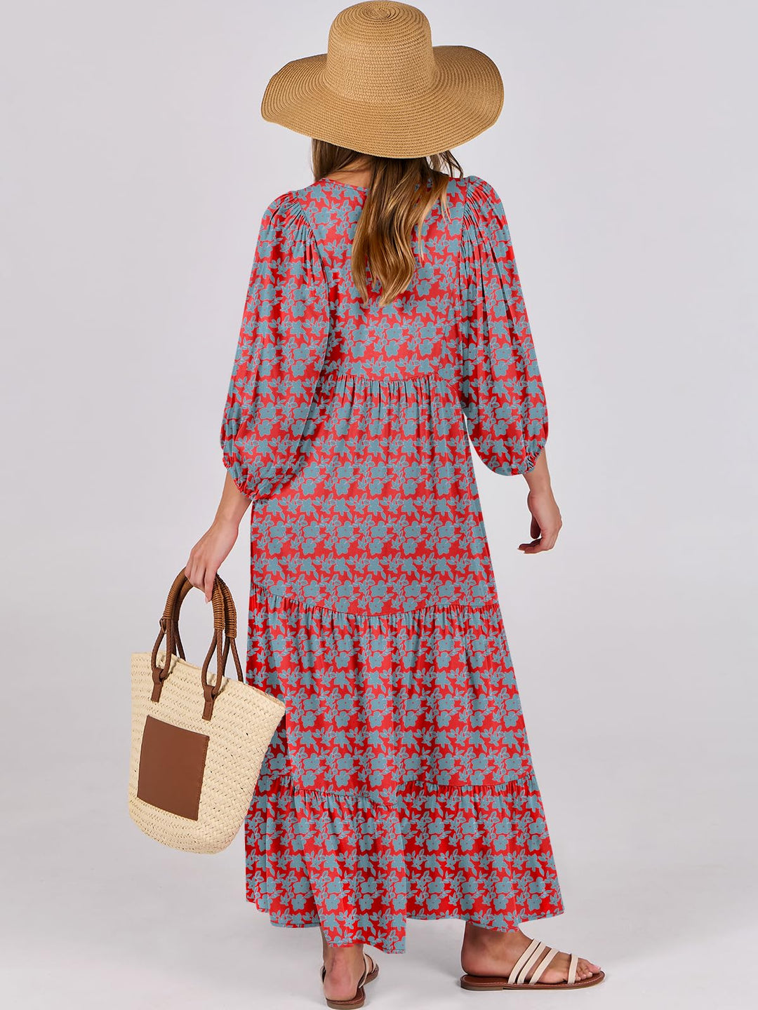 ANRABESS Womens Boho Maxi Dresses 2025 Summer V Neck Puff Sleeve Floral Flowy Swing Fall Casual Long Dress